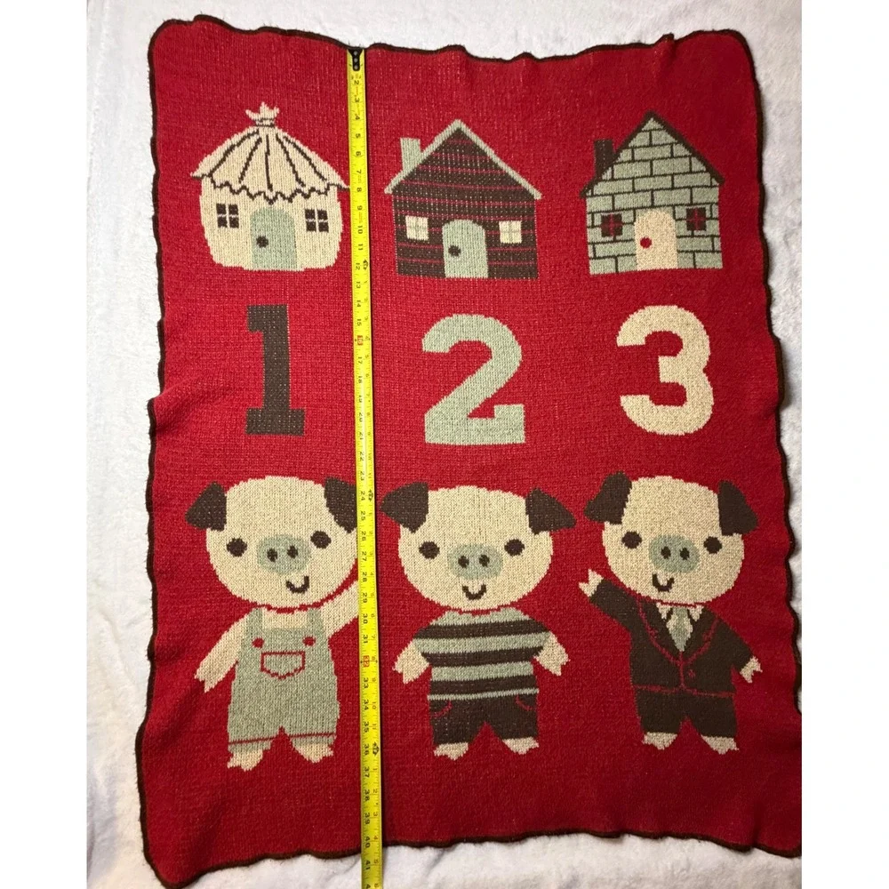 Green 3 Three Little Pigs Knit Throw Blanket Red Recycled Cotton Made in USA